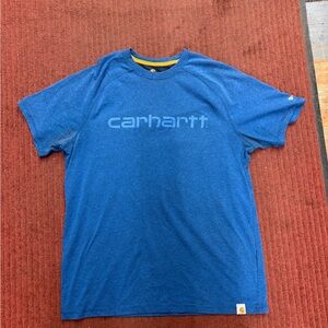 Carhartt Blue Short Sleeve Logo Tee with Yellow Neck Accent